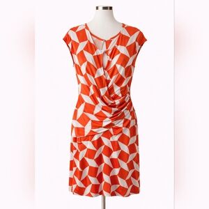 New York & Company Orange and White Geometric Ruched Dress
